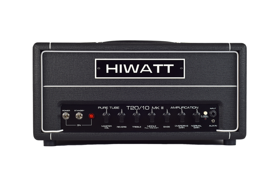 Black HIWATT T20/10 MK III amplifier head with control knobs for volume, reverb, EQ, gain, and switches for power and standby on the front panel.