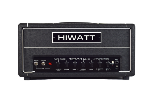 Black HIWATT T20/10 MK III amplifier head with control knobs for volume, reverb, EQ, gain, and switches for power and standby on the front panel.