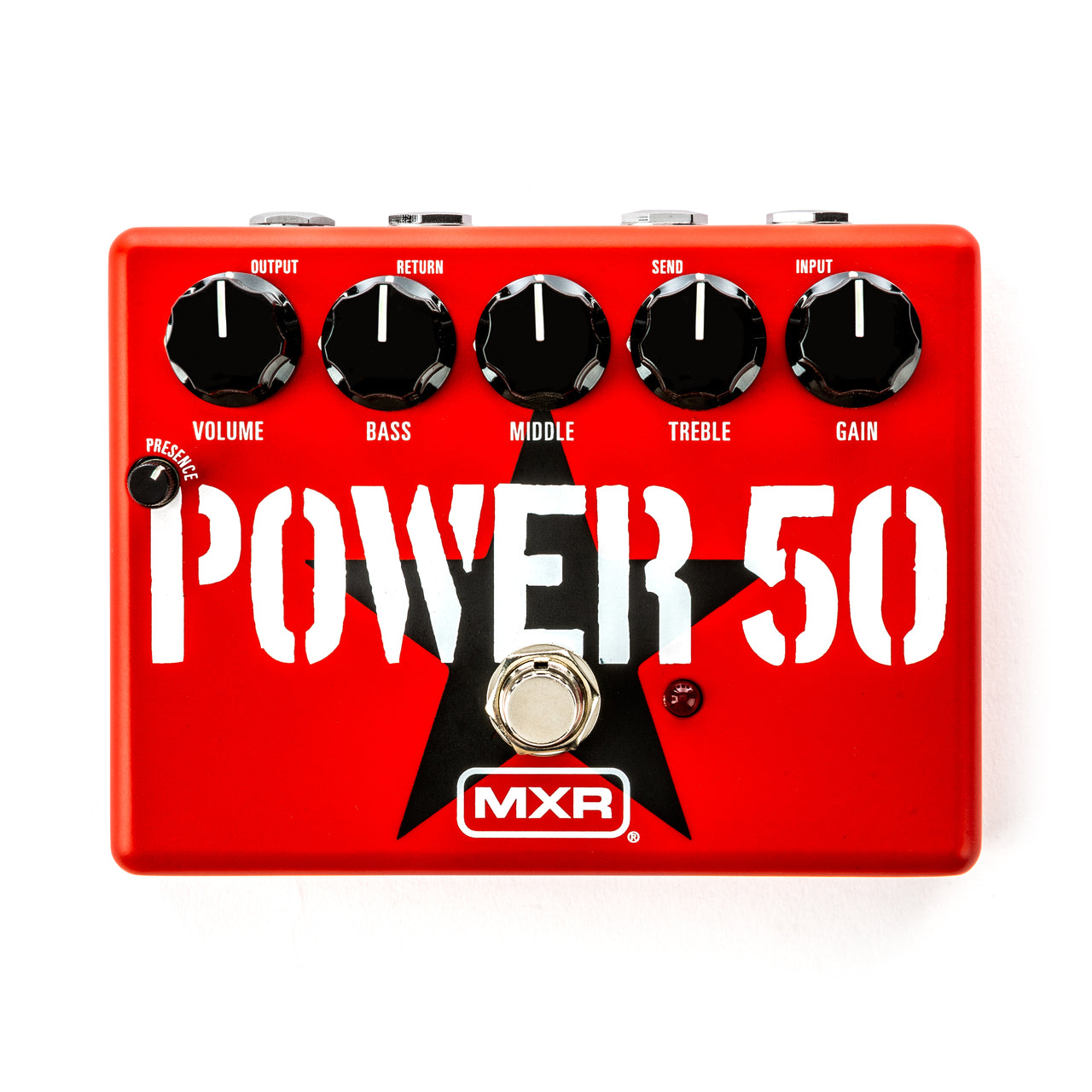 Red MXR FX pedal labeled "POWER 50" with five black knobs for volume, bass, middle, treble, gain, a footswitch, and a large black star design.