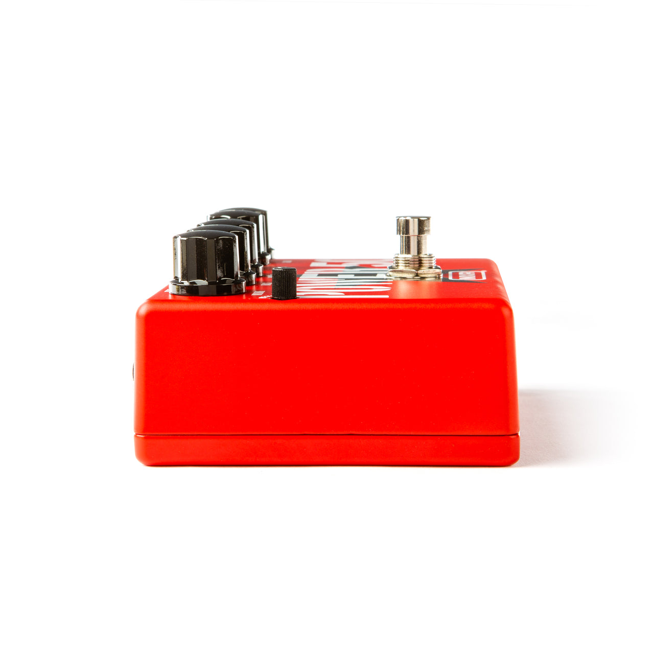 Bright red FX pedal viewed from the side, showing four black control knobs and a silver footswitch on top.