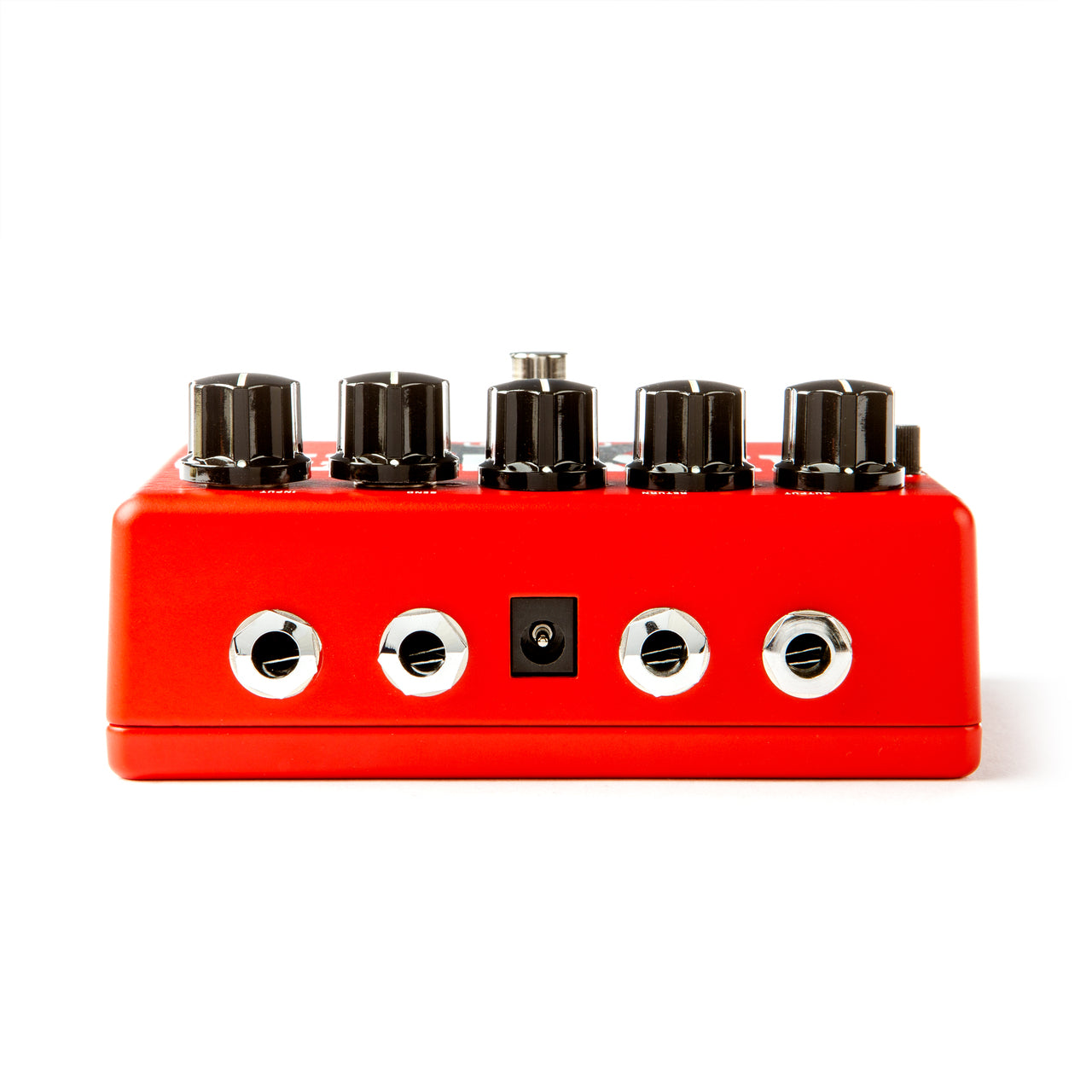 Red FX pedal with five black control knobs on top, four quarter-inch input/output jacks, and a power input on the front panel.