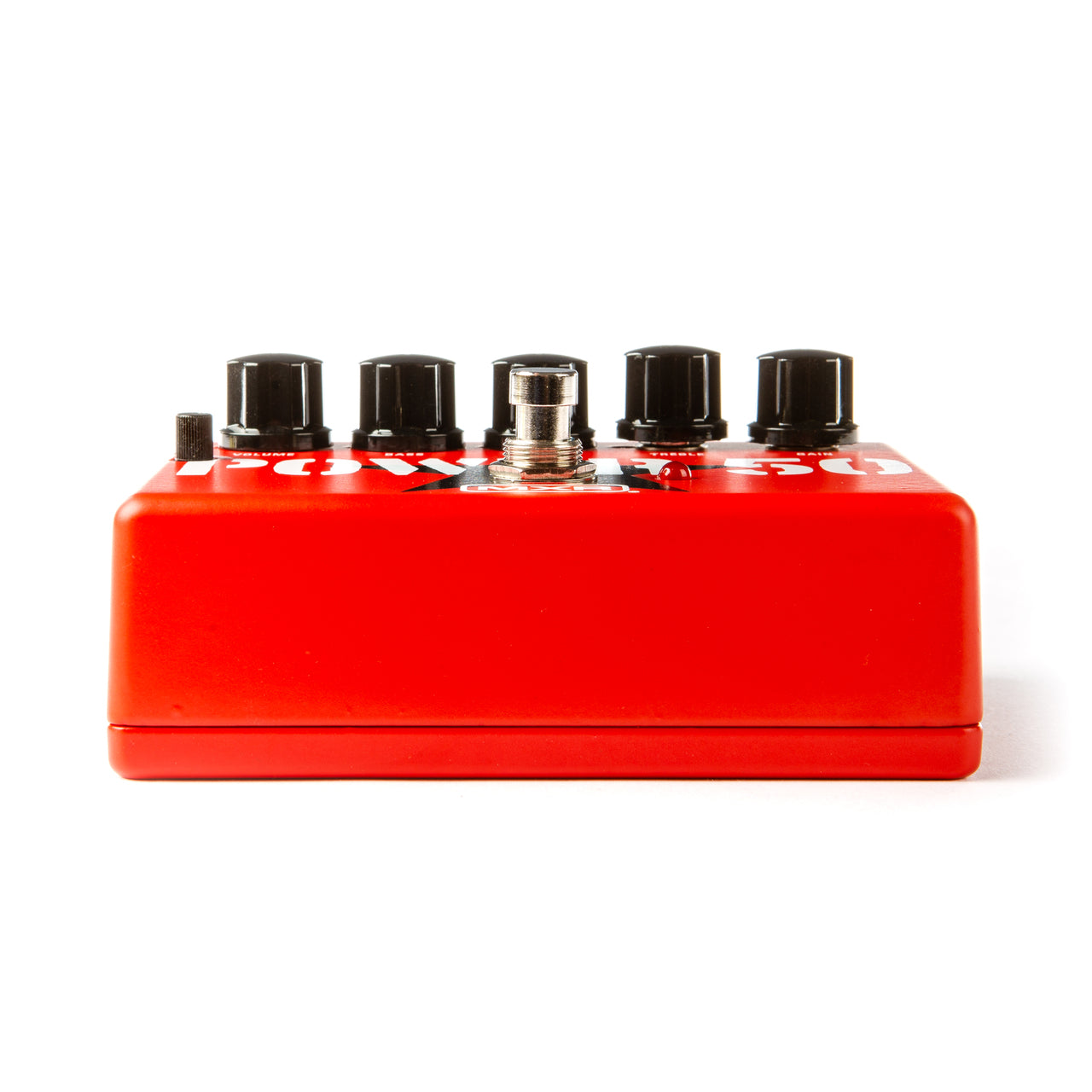 Bright red FX pedal with five black control knobs and a central silver footswitch on top. Box-shaped with rounded corners.