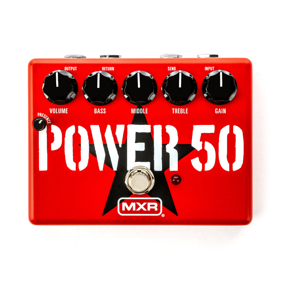 Red MXR FX pedal labeled "POWER 50" with five black knobs for volume, bass, middle, treble, gain, a footswitch, and a large black star design.
