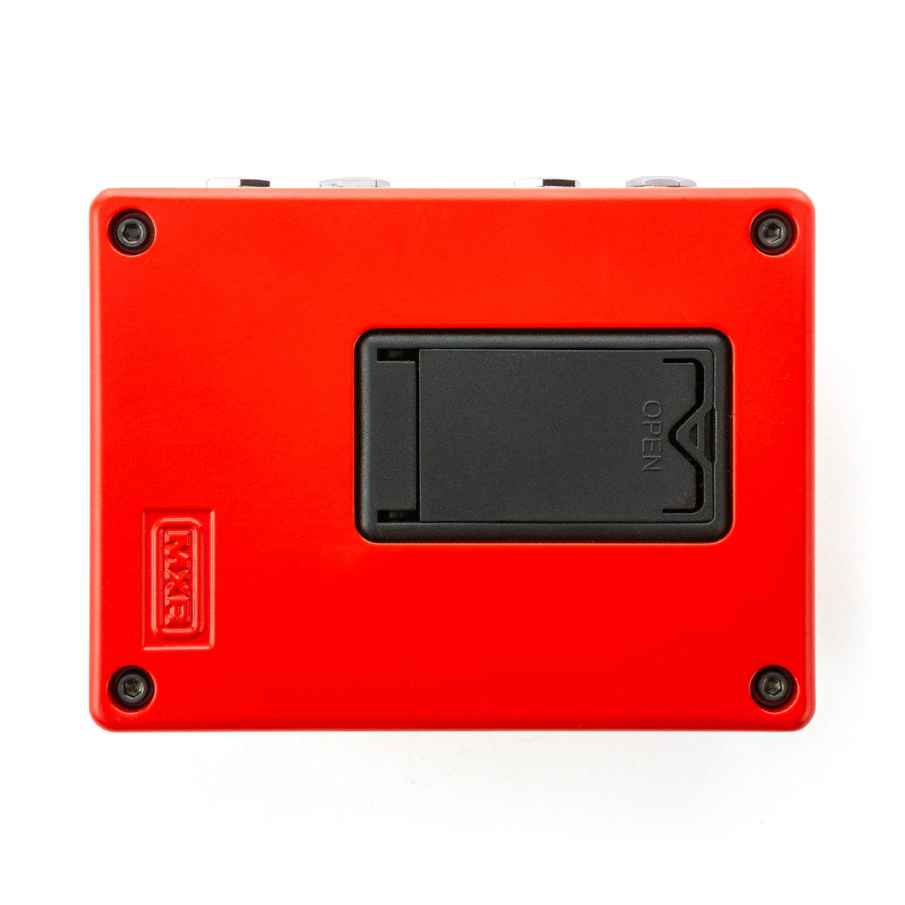 Bright red FX pedal viewed from below, showing a black rectangular battery compartment labeled "OPEN" and four corner screws.