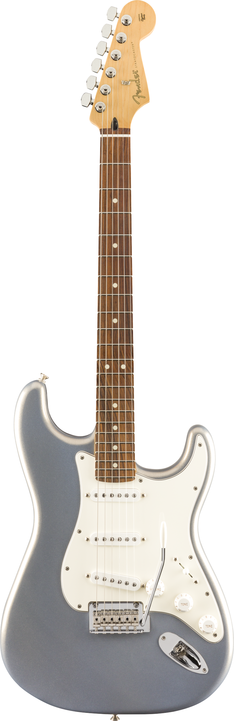 Guitare électrique Fender Stratocaster argentée, équipée de trois micros, un pickguard blanc, manche en bois clair à repères ronds.