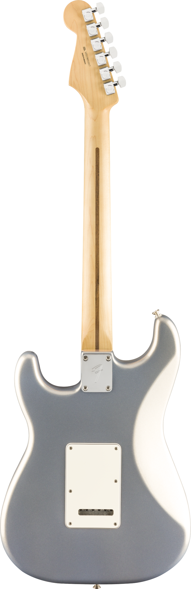 Guitare électrique vue de dos, corps argenté avec plaque blanche, manche en bois clair, mécaniques argentées alignées sur la tête.