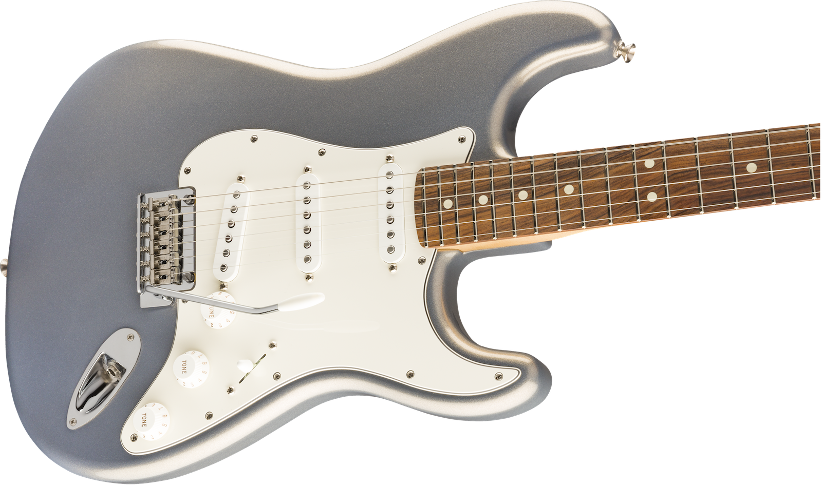 Guitare électrique gris métal, pickguard blanc, trois micros simples, trois boutons ronds blancs et un manche en bois foncé avec repères blancs.