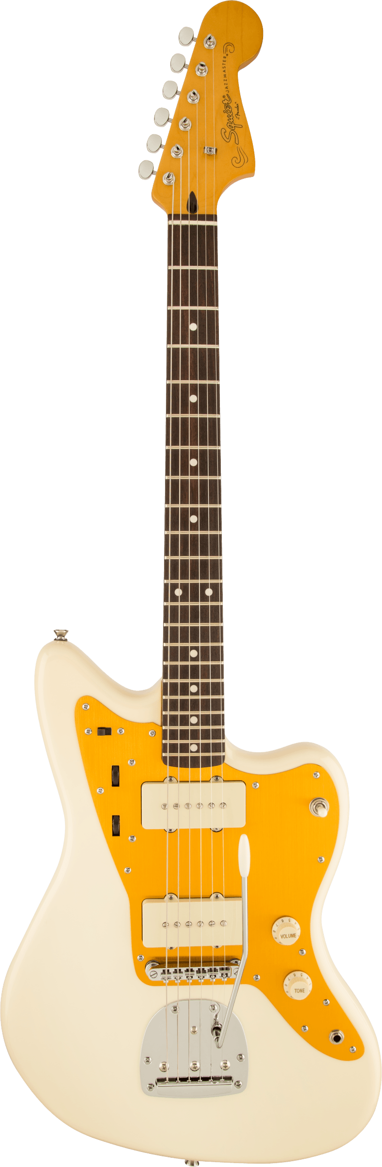 Guitare électrique style Jazzmaster blanche, plaque dorée, deux micros rectangulaires, six cordes, manche foncé à repères ronds, vibrato métal.