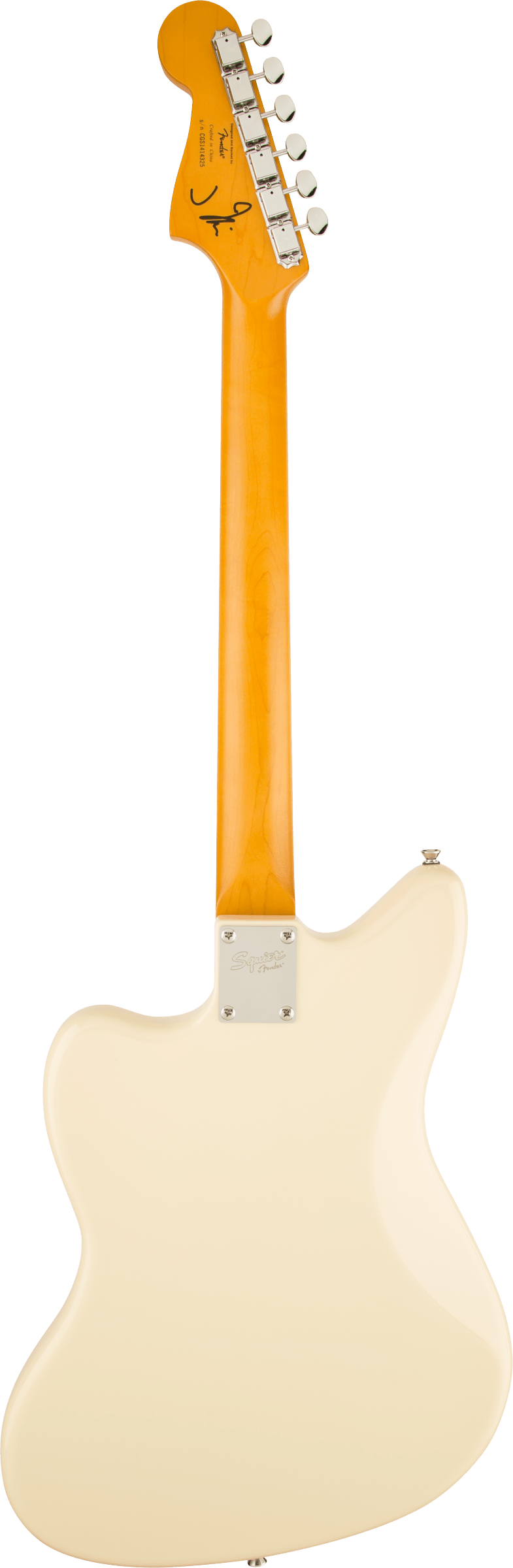 Guitare électrique crème vue de dos, manche en bois clair avec six mécaniques argentées alignées et signature noire près des clés.