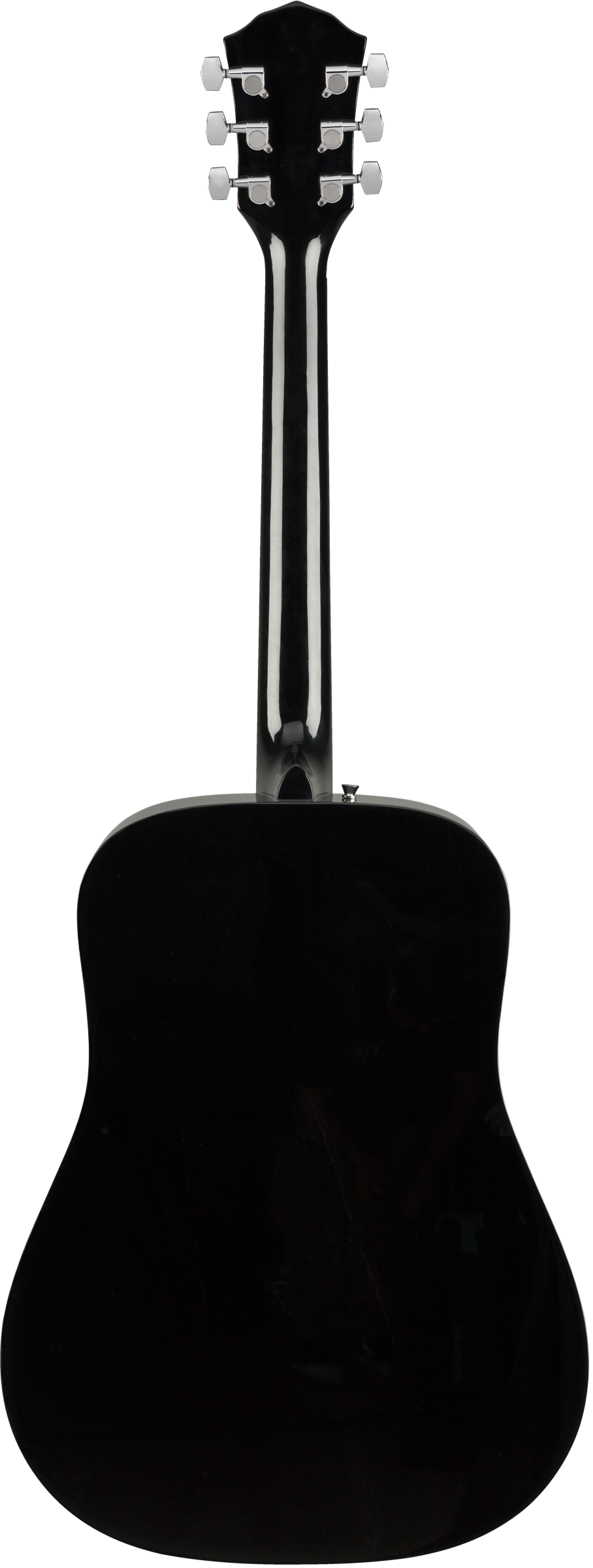 The back view of a glossy black acoustic guitar with silver tuning pegs and a smooth, reflective surface.