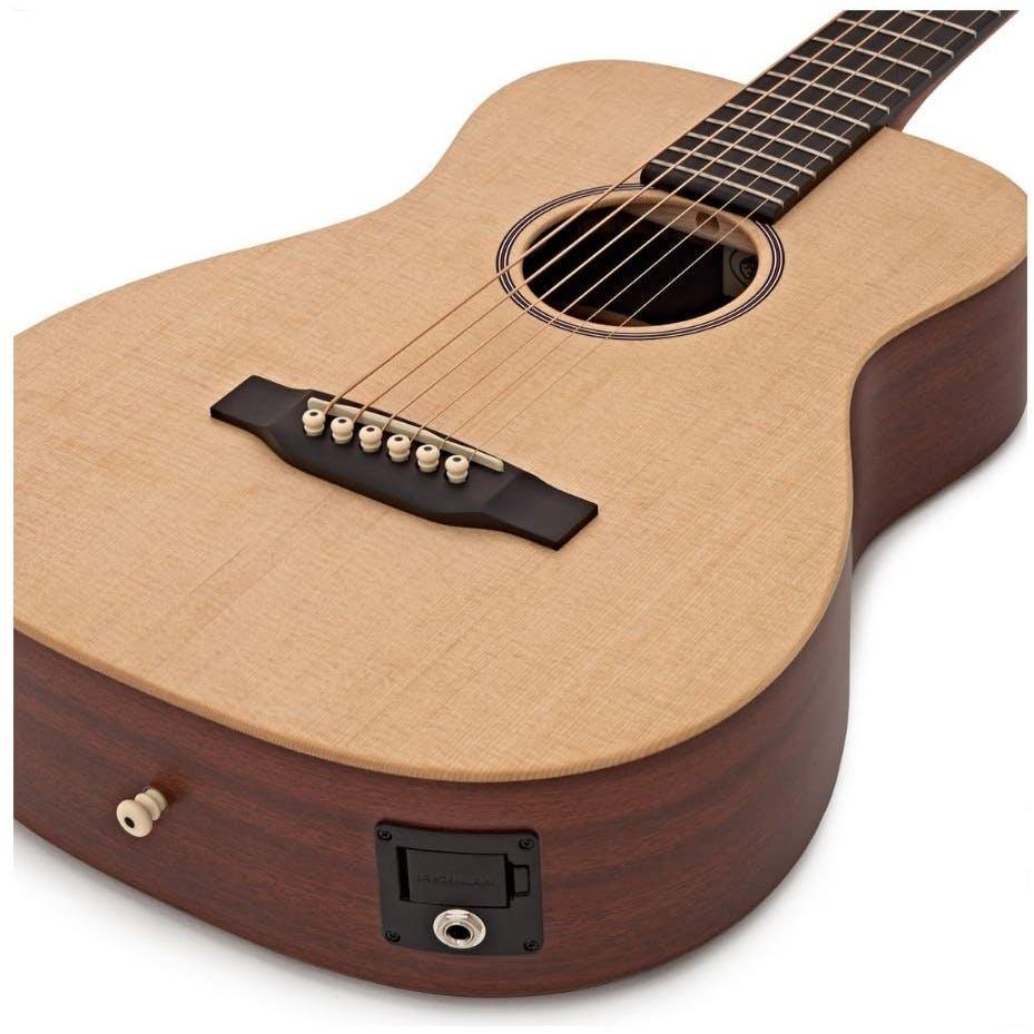Light wood acoustic guitar with six strings, a dark brown bridge, electronic input jack, and smooth, rounded mahogany sides and back.