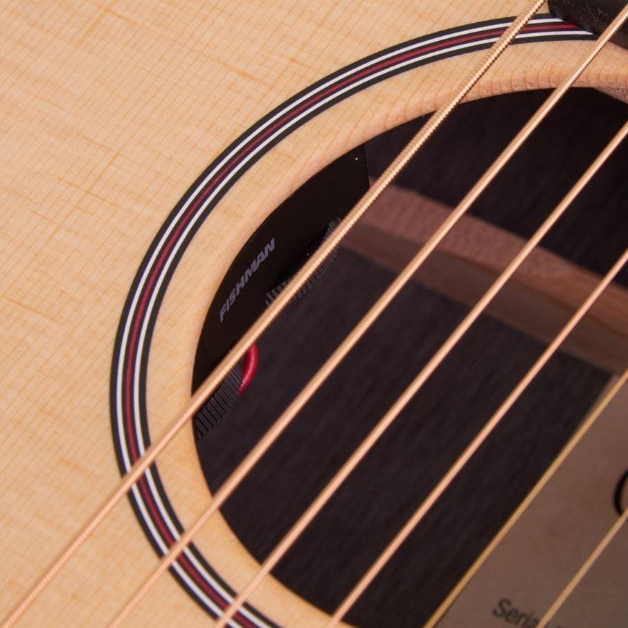 Close-up of an acoustic guitar soundhole, showing metal strings, a detailed rosette, and a Fishman preamp control partially visible inside.