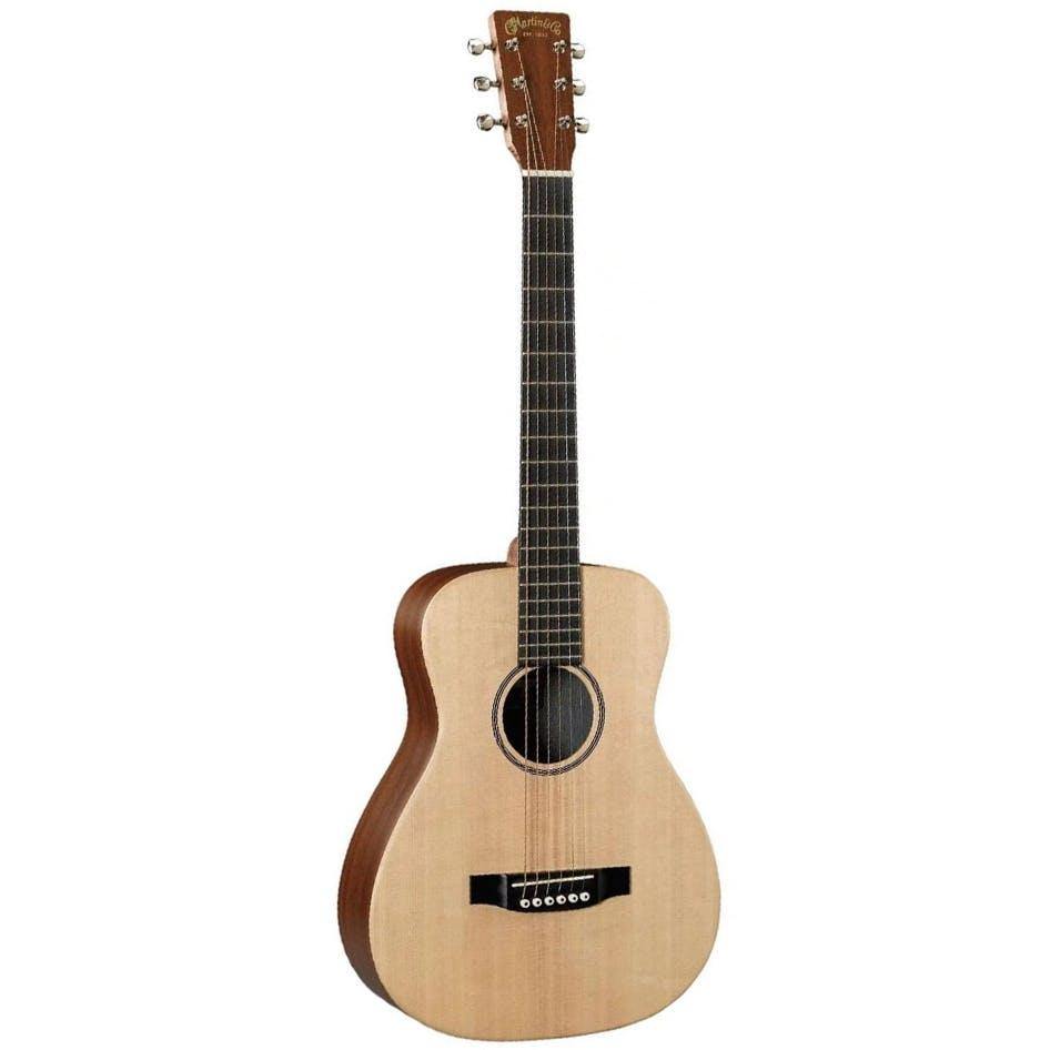 Small-bodied acoustic guitar with a natural wood finish, dark fretboard, six strings, and chrome tuning pegs.