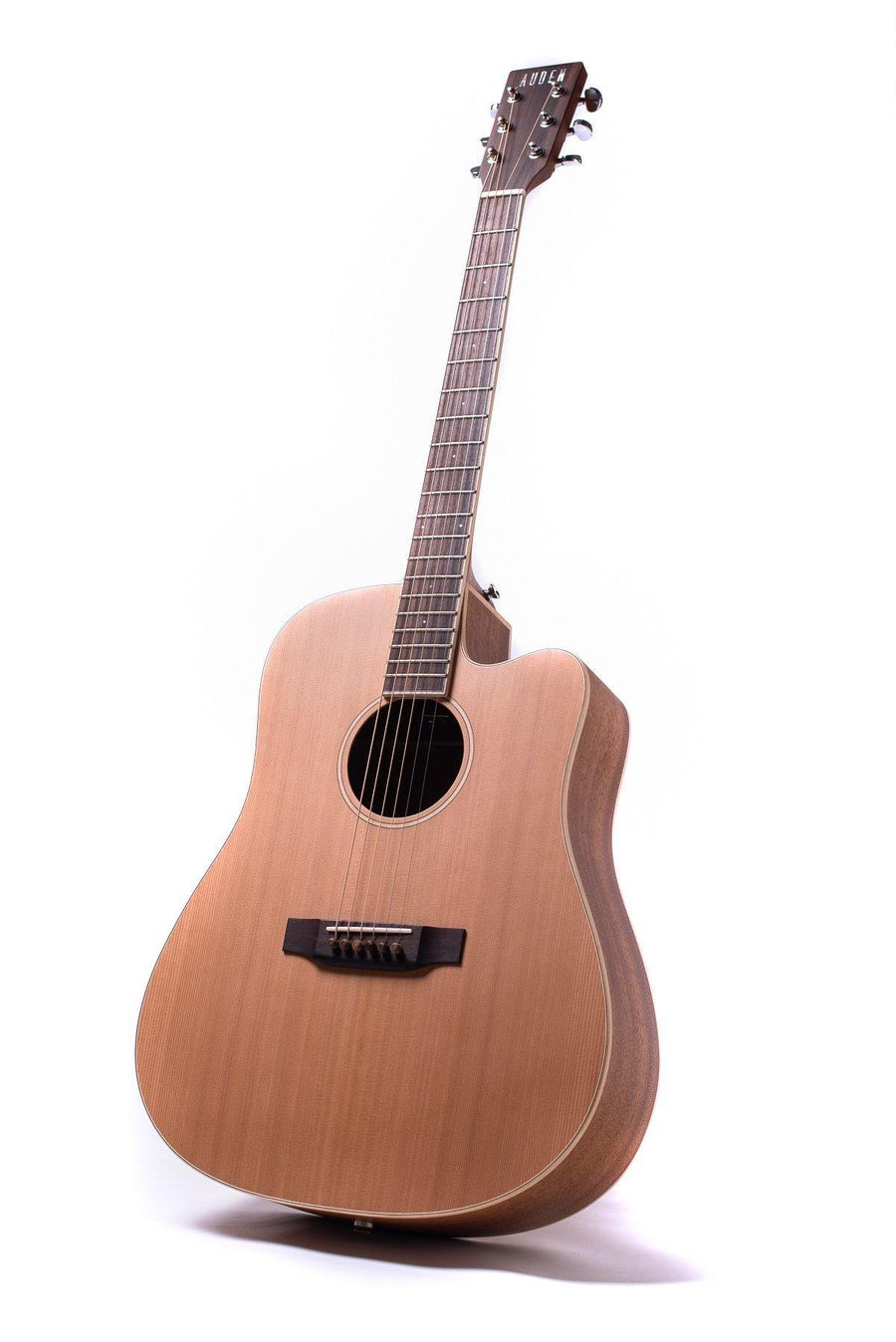 Light brown acoustic guitar with a cutaway body, six strings, dark bridge, circular sound hole, and Auden logo on the headstock.