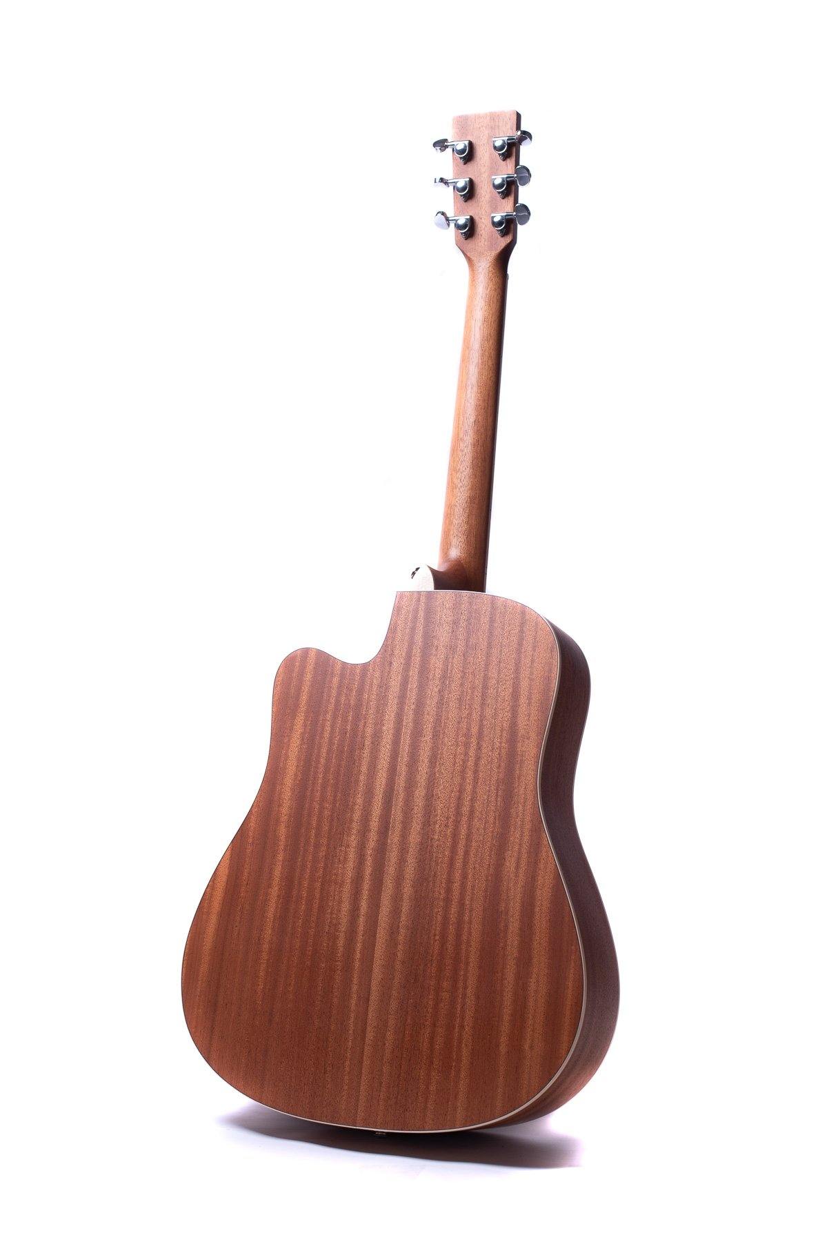Rear view of an acoustic guitar showing smooth, brown wood grain, six metal tuning pegs, and a single cutaway body design.