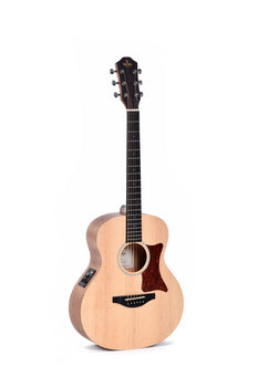Light wood acoustic guitar with dark fretboard, six metal tuning pegs, large rounded body, tortoiseshell pickguard, and electronic controls on the side.