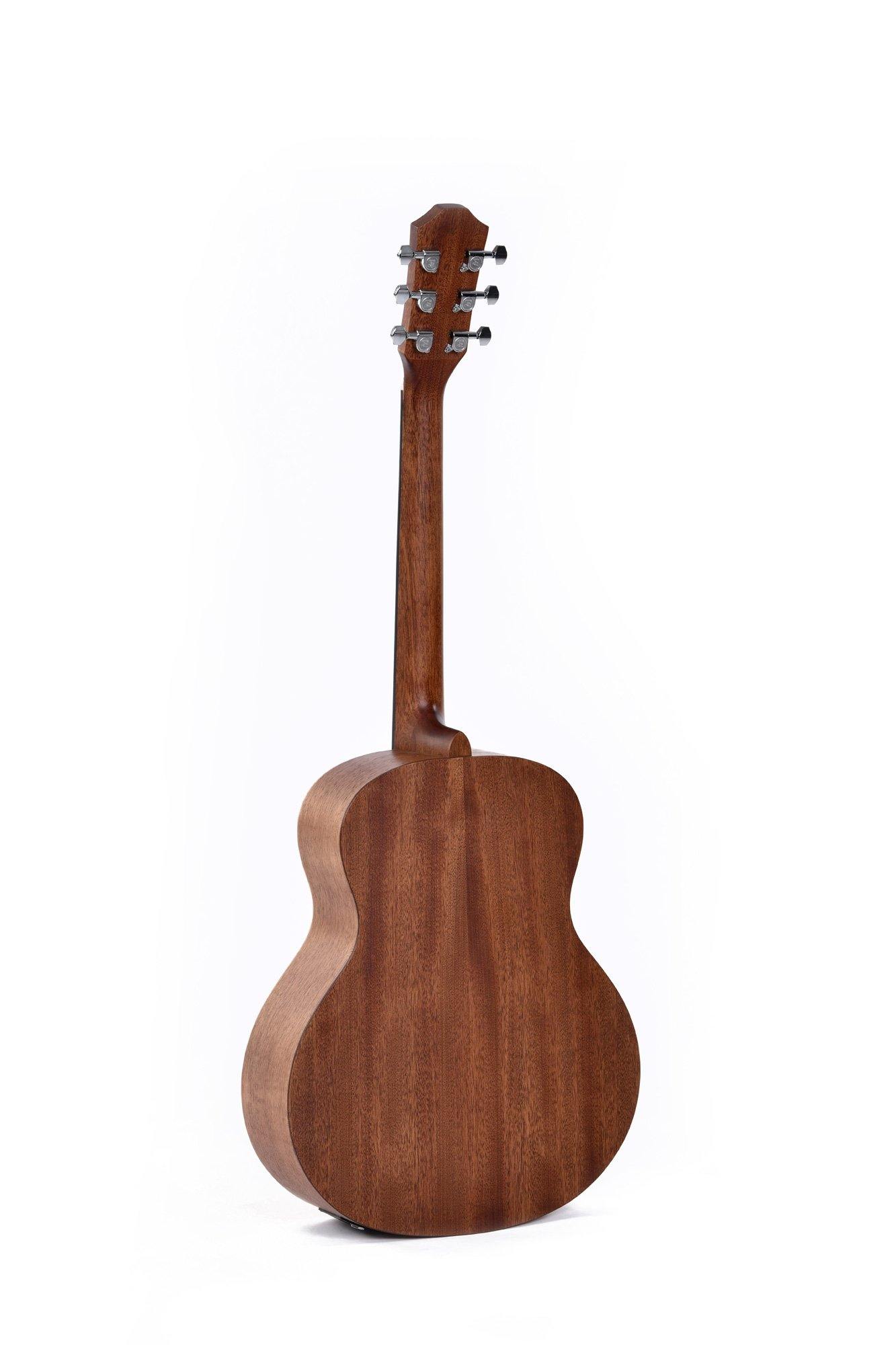 Acoustic guitar shown from the back, displaying smooth, natural wood grain and six metal tuning pegs on the headstock.