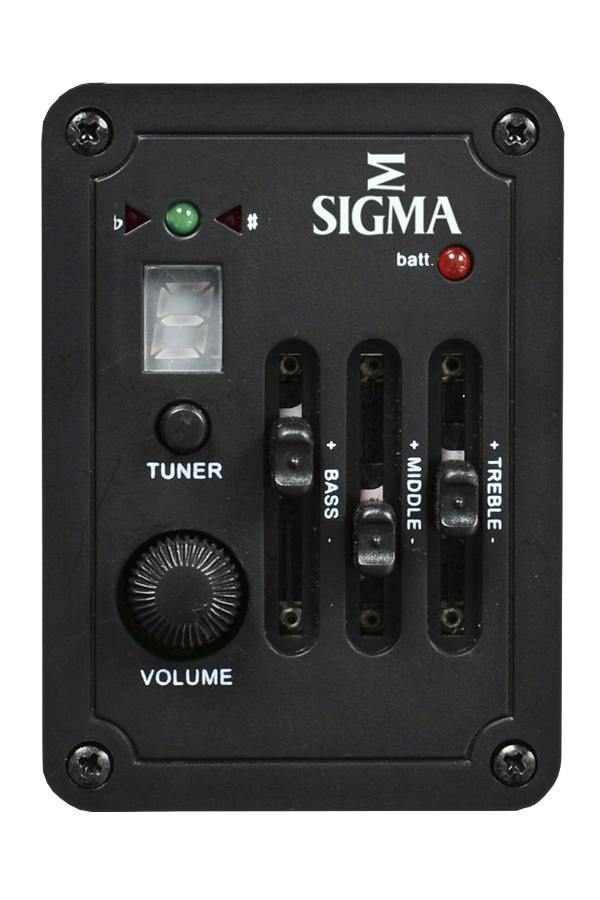 Sigma acoustic guitar preamp panel with tuner button, volume knob, bass, middle, and treble sliders, and indicator lights for tuning and battery.