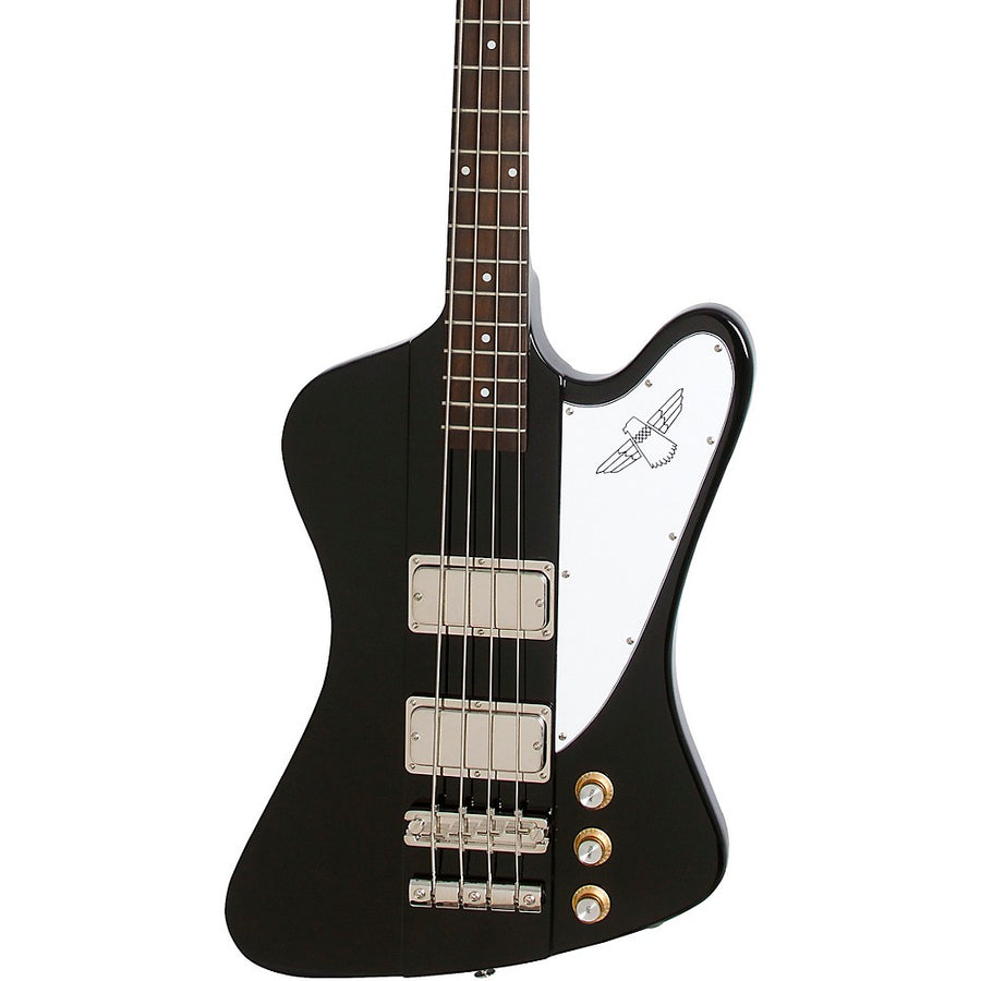 Black bass guitar with an angular body shape, white pickguard featuring a bird graphic, two pickups, and three control knobs.