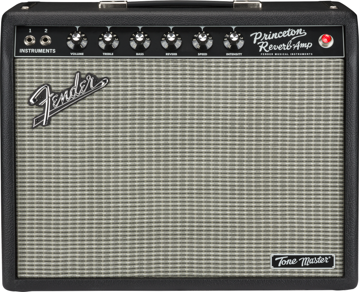 Black Fender Princeton Reverb guitar amplifier with six control knobs, two instrument inputs, silver grille cloth, and “Tone Master” badge.