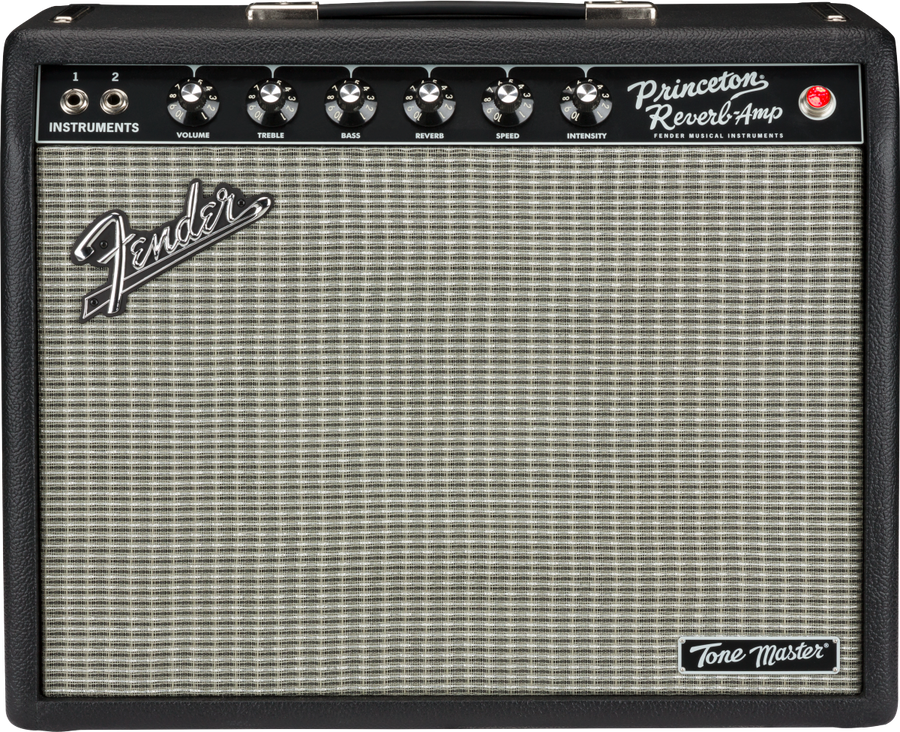 Black Fender Princeton Reverb guitar amplifier with six control knobs, two instrument inputs, silver grille cloth, and “Tone Master” badge.