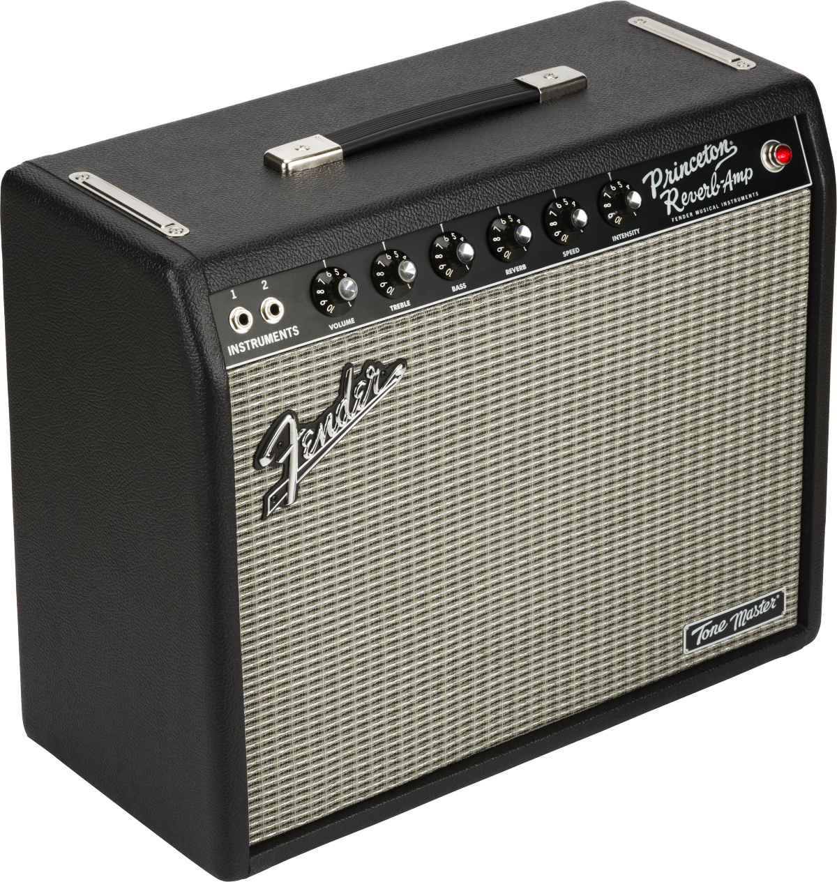 Black Fender Princeton Reverb guitar amplifier with silver grille, control knobs on top panel, handle, and input jacks labeled “Instruments.”