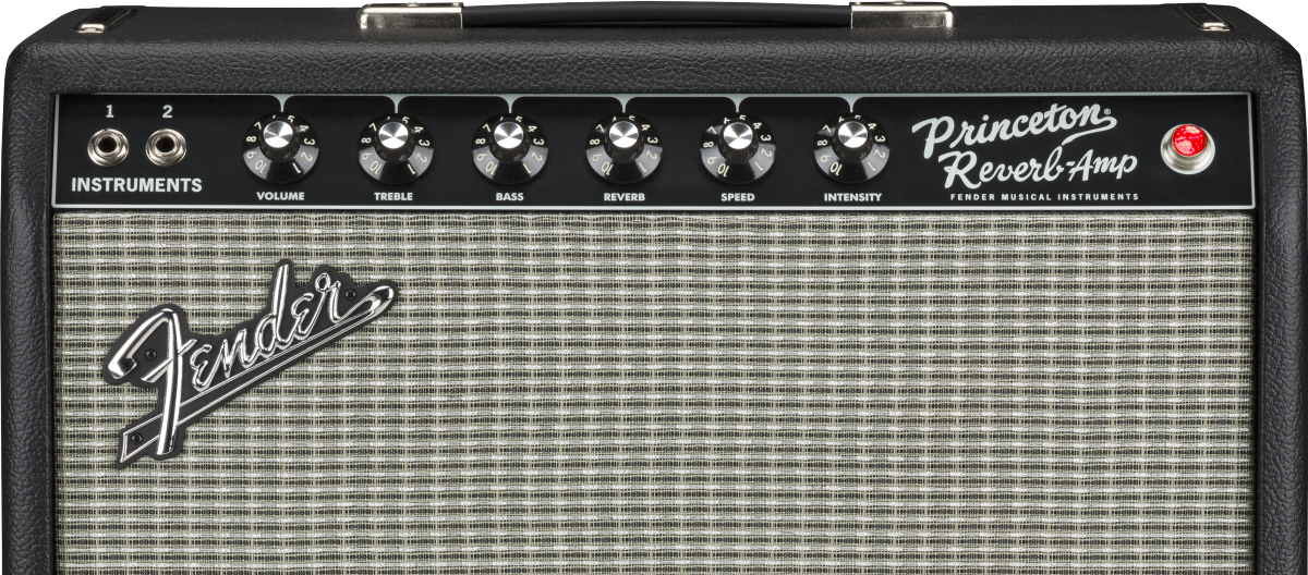 Fender Princeton Reverb guitar amplifier with knobs for volume, treble, bass, reverb, speed, intensity, and two instrument input jacks.