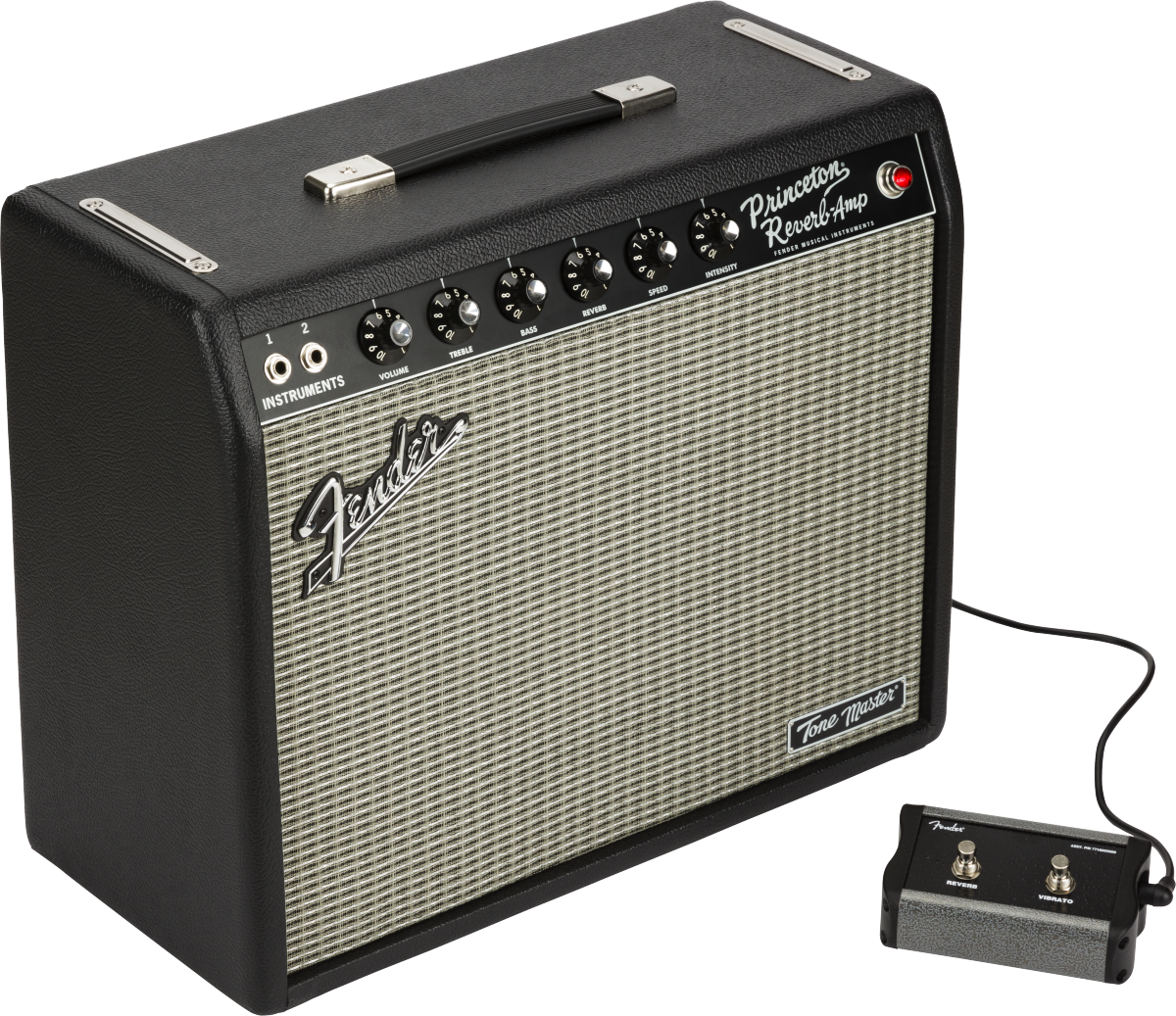 Black and silver Fender Princeton Reverb Amplifier with control knobs, two input jacks, and a connected footswitch labeled reverb and tremolo.