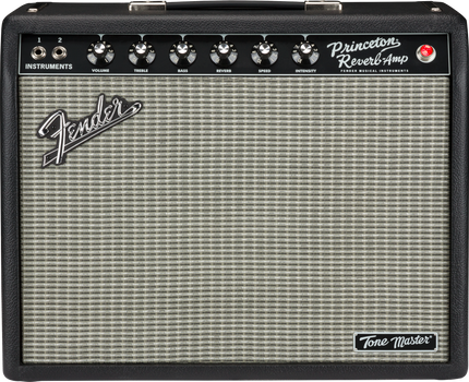 Black Fender Princeton Reverb guitar amplifier with six control knobs, two instrument inputs, silver grille cloth, and “Tone Master” badge.