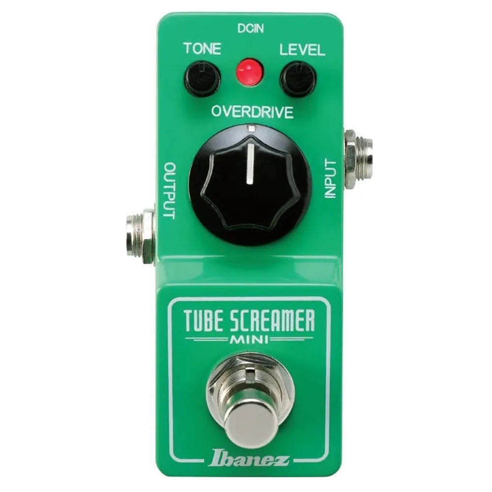 Ibanez Tube Screamer Mini FX pedal, green with three knobs for tone, level, and overdrive, plus a footswitch and input/output jacks.