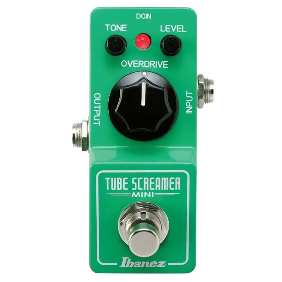 Ibanez Tube Screamer Mini FX pedal, green with three knobs for tone, level, and overdrive, plus a footswitch and input/output jacks.