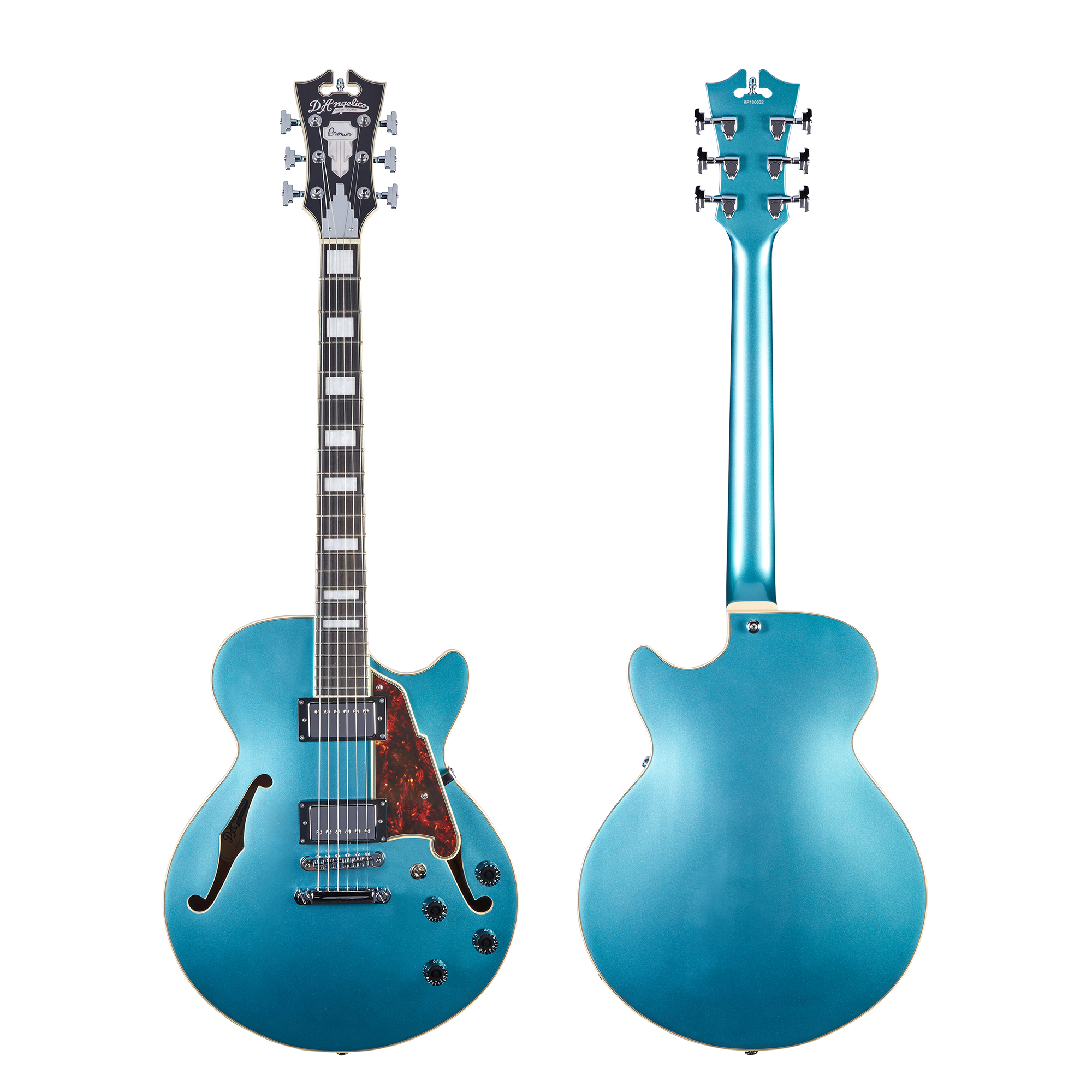 Blue semi-hollow body electric guitar with black pickups, tortoiseshell pickguard, and block inlays on the fretboard, shown front and back.