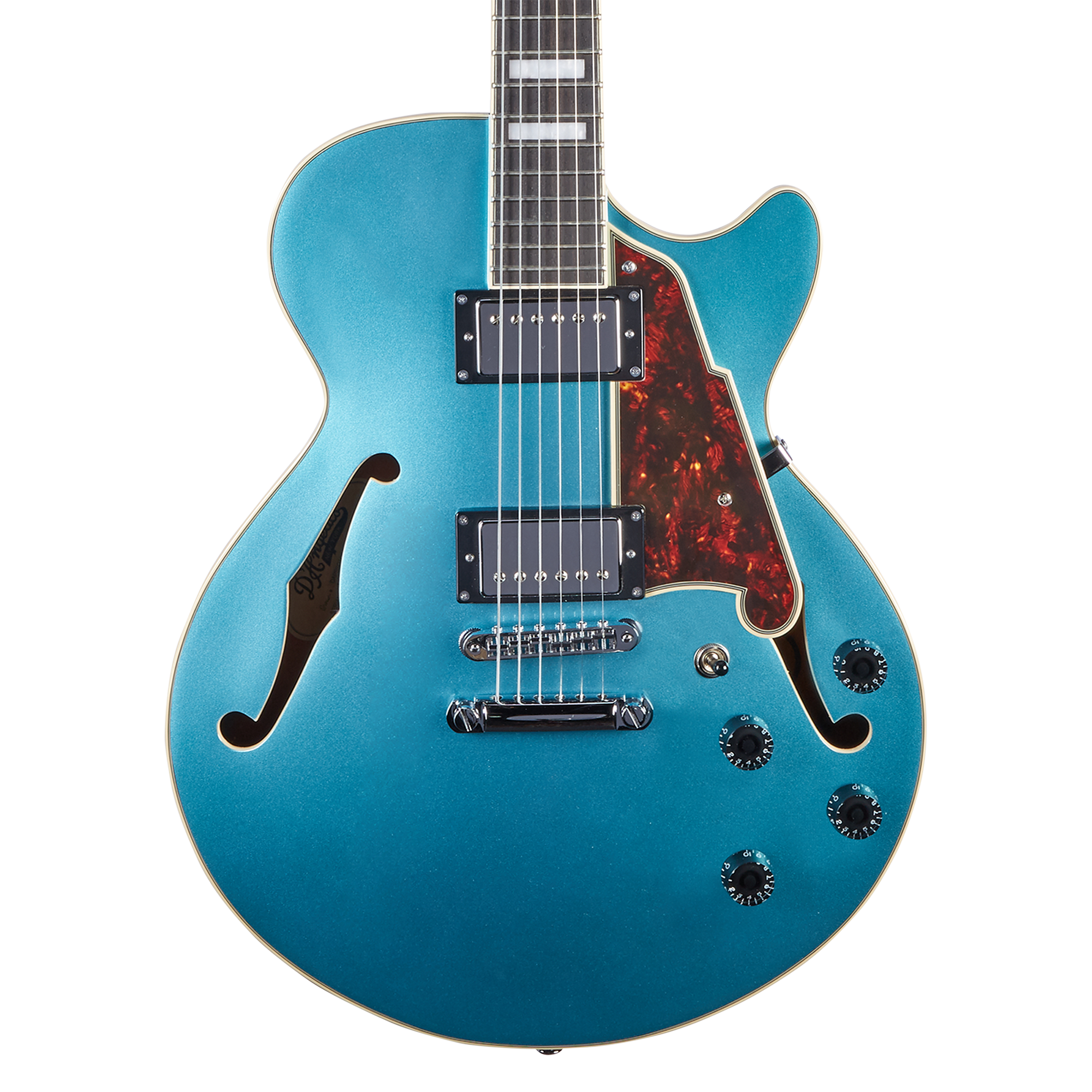 Metallic blue semi-hollow electric guitar with two black humbucker pickups, a tortoiseshell pickguard, f-holes, and four black control knobs.