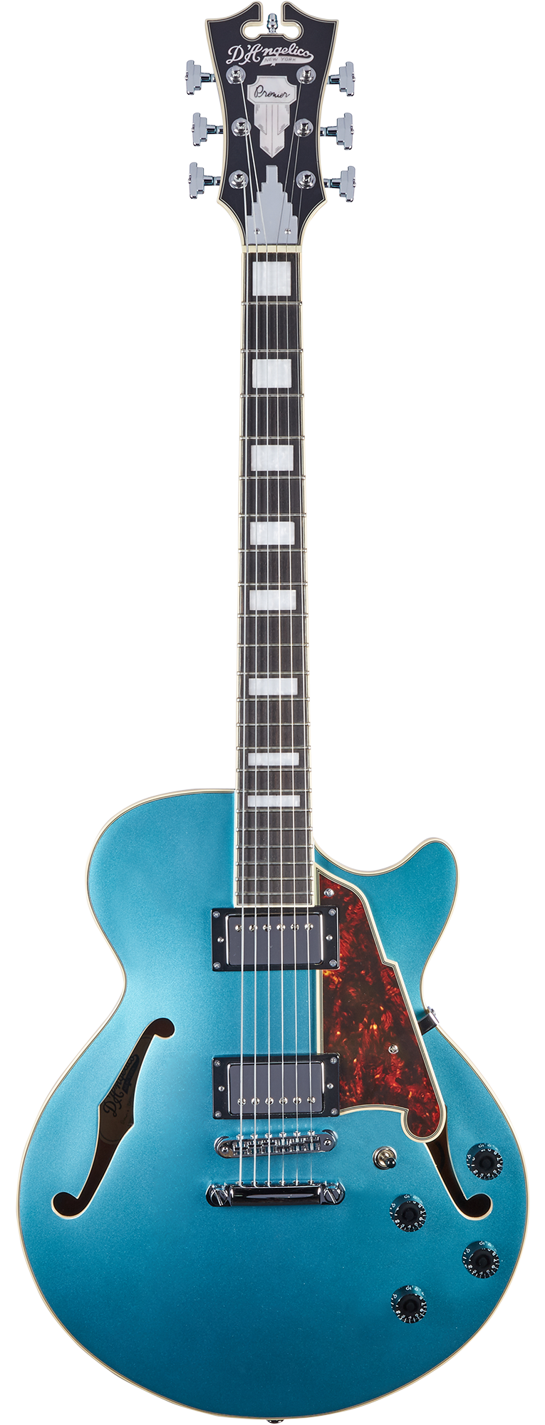 Blue semi-hollow electric guitar with twin humbucker pickups, block inlays, a tortoiseshell pickguard, and black control knobs.