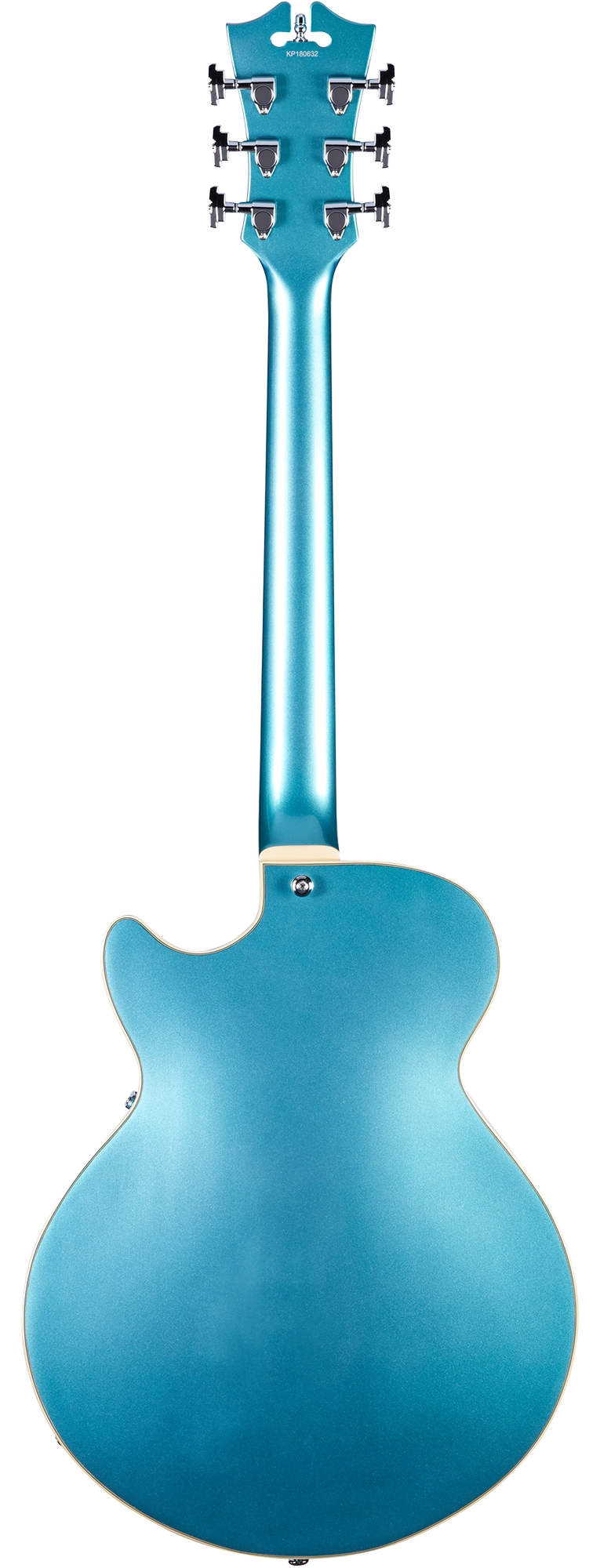 A metallic blue electric guitar shown from the back; six tuning pegs, single cutaway body, cream edge binding, smooth finish.