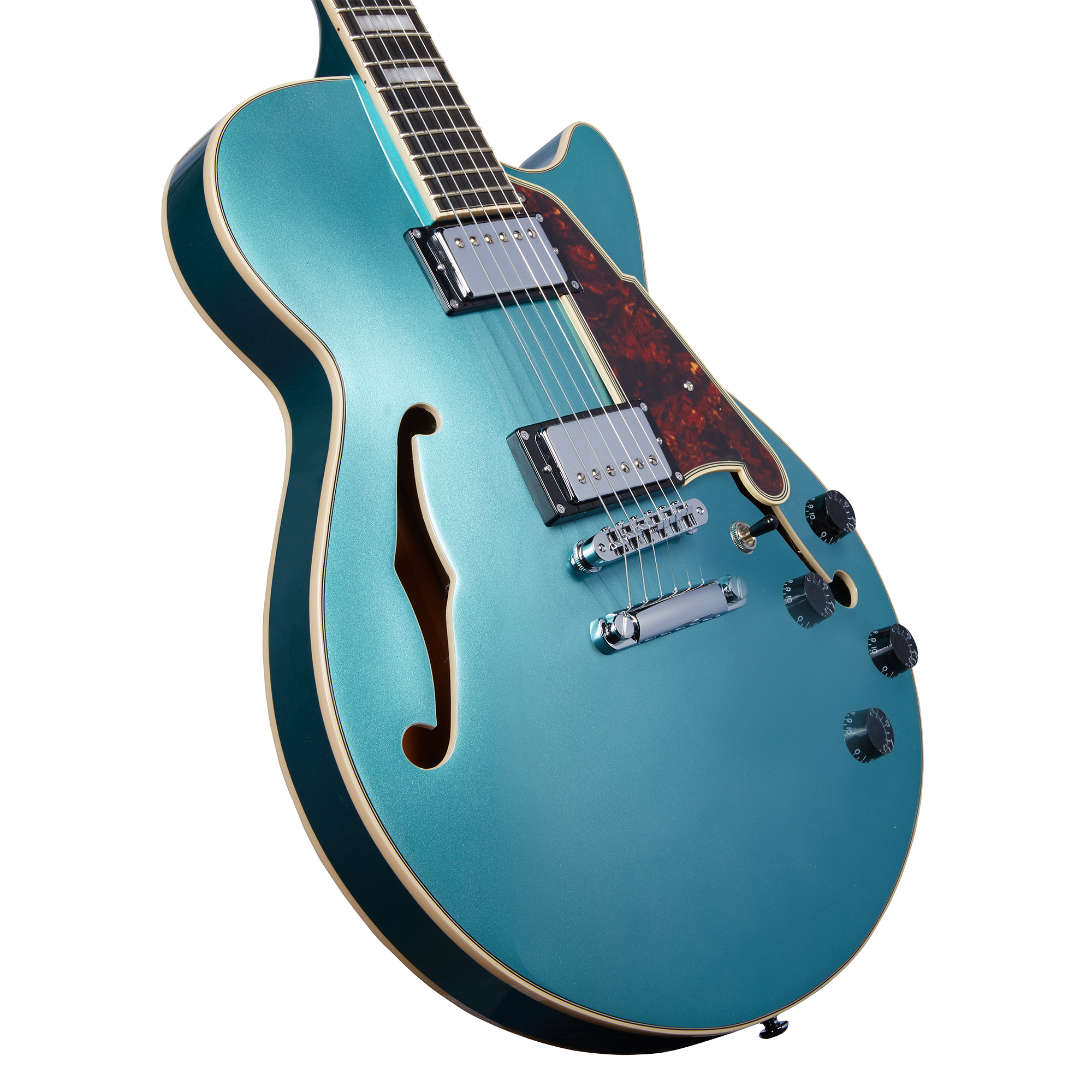 Metallic teal semi-hollow electric guitar with two humbucker pickups, four black control knobs, tortoiseshell pickguard, and f-hole on the body.