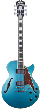 Blue semi-hollow electric guitar with twin humbucker pickups, block inlays, a tortoiseshell pickguard, and black control knobs.