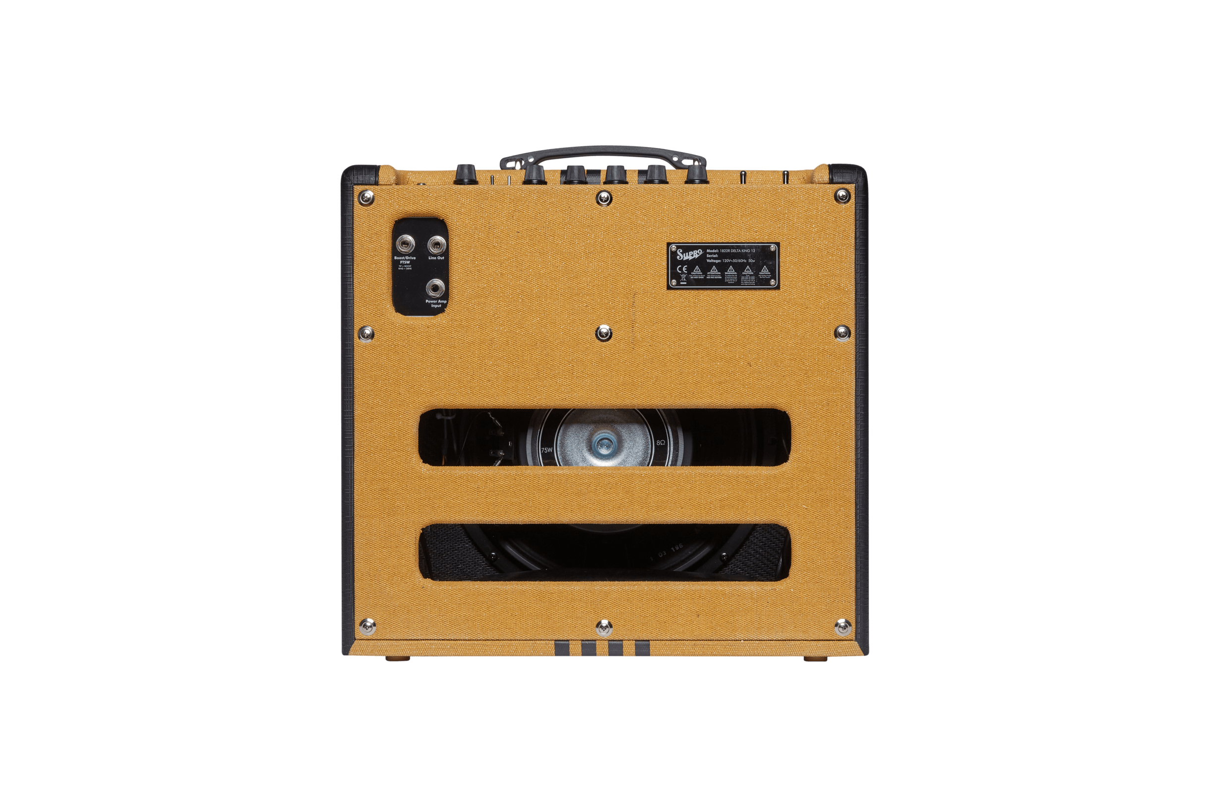 Back view of a guitar amplifier with a tan fabric cover, ventilation slots, visible speaker, input/output jacks, and a top handle.