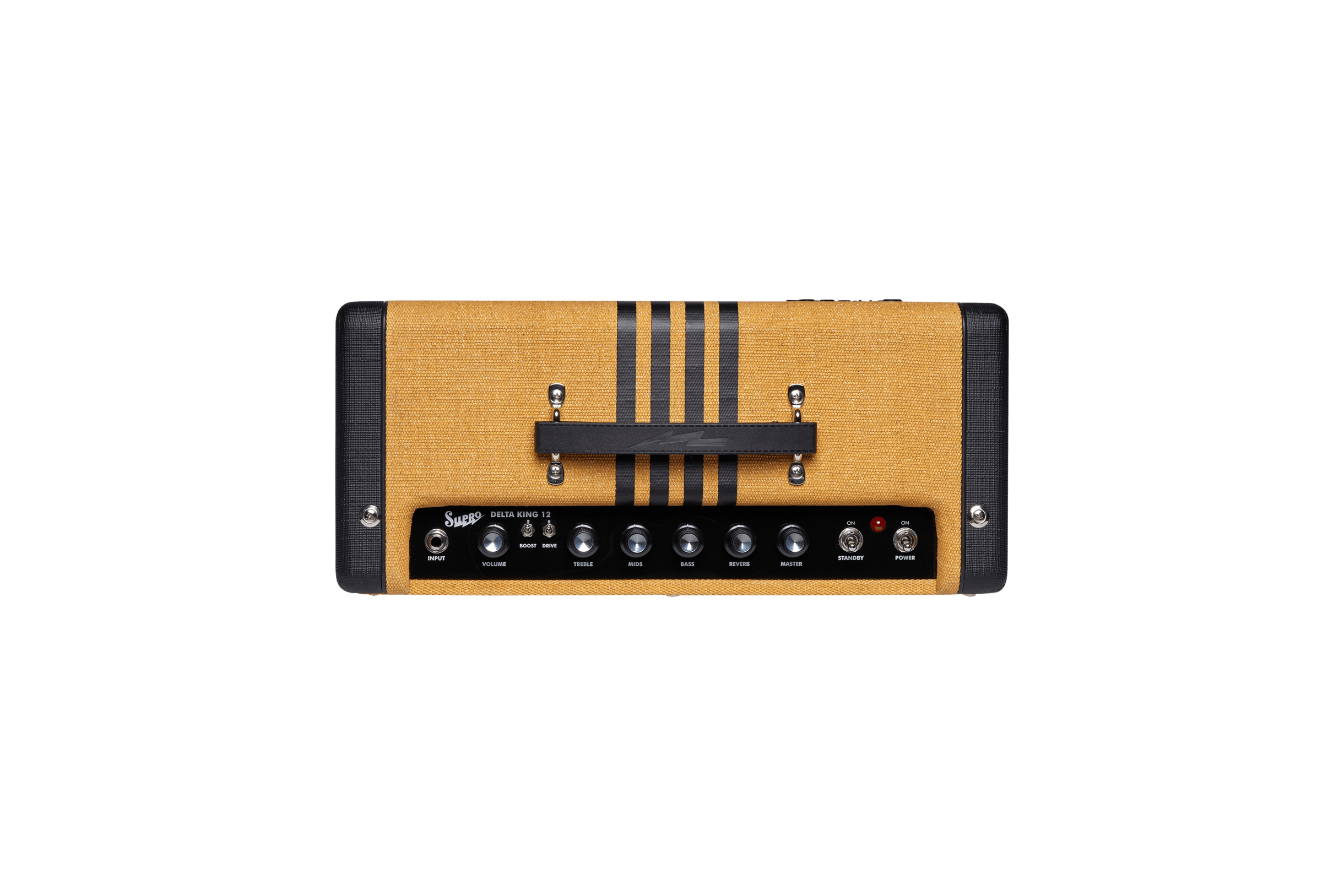 Tan Supro Delta King 12 amplifier head with black handle, three black stripes on top, and seven control knobs plus two switches on the front panel.