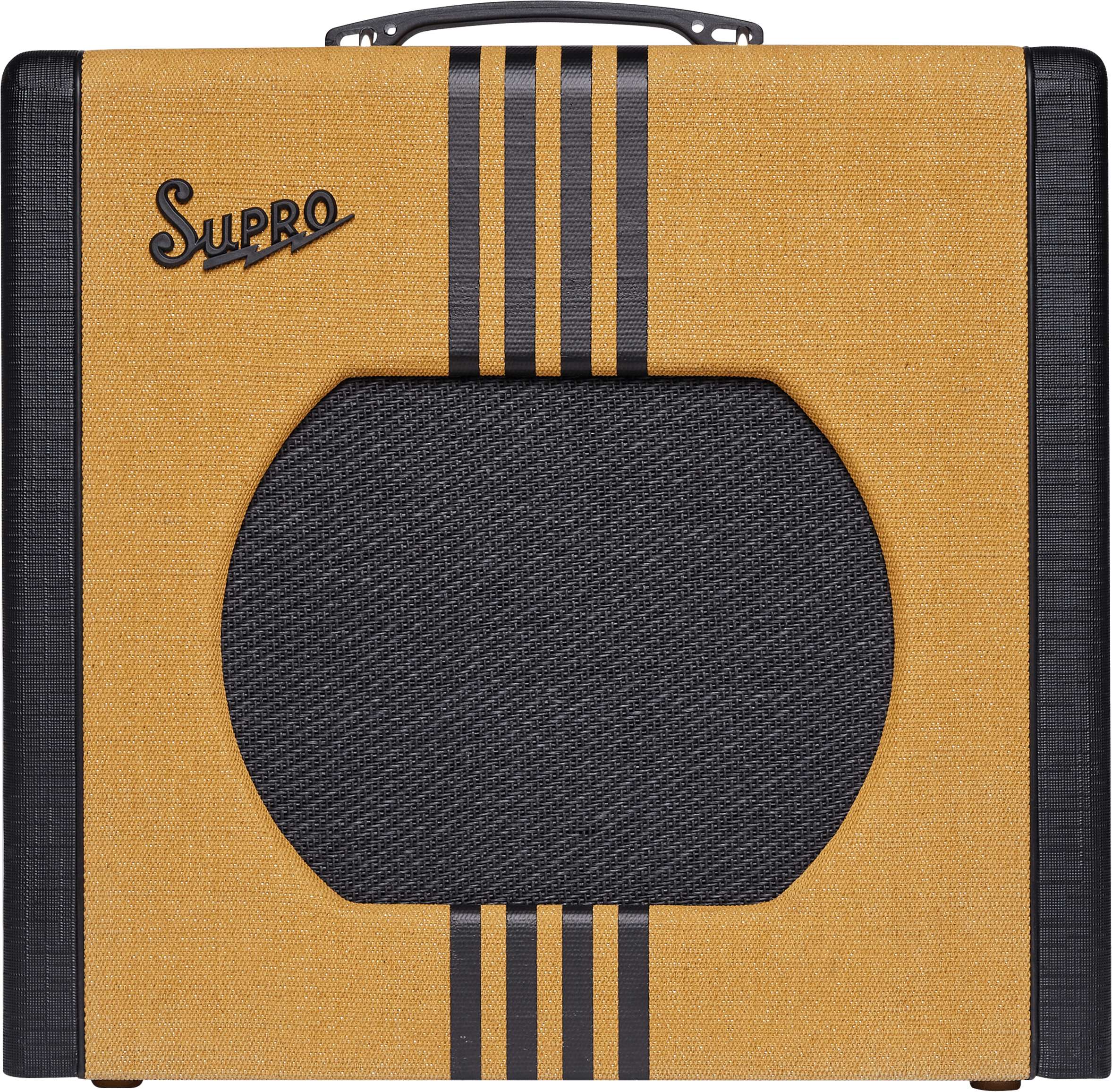 Supro amplifier with a tan and black design, black stripes running vertically, and a black circular speaker grill in the center.