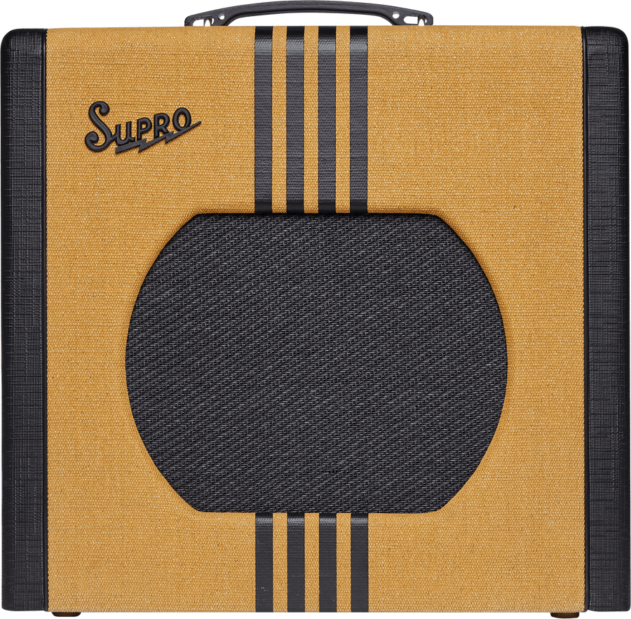 Supro amplifier with a tan and black design, black stripes running vertically, and a black circular speaker grill in the center.