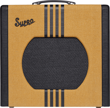 Supro amplifier with a tan and black design, black stripes running vertically, and a black circular speaker grill in the center.