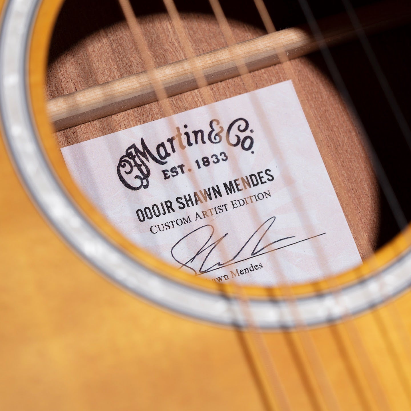 Label inside an acoustic guitar reads: Martin & Co., 000JR Shawn Mendes Custom Artist Edition, with a signature below.