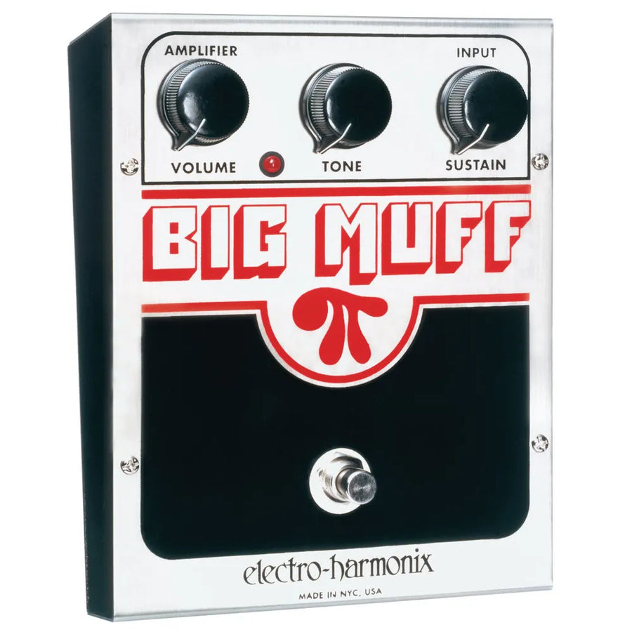 Electro-Harmonix Big Muff effects pedal with three knobs labeled volume, tone, sustain, and a footswitch below large red logo text.