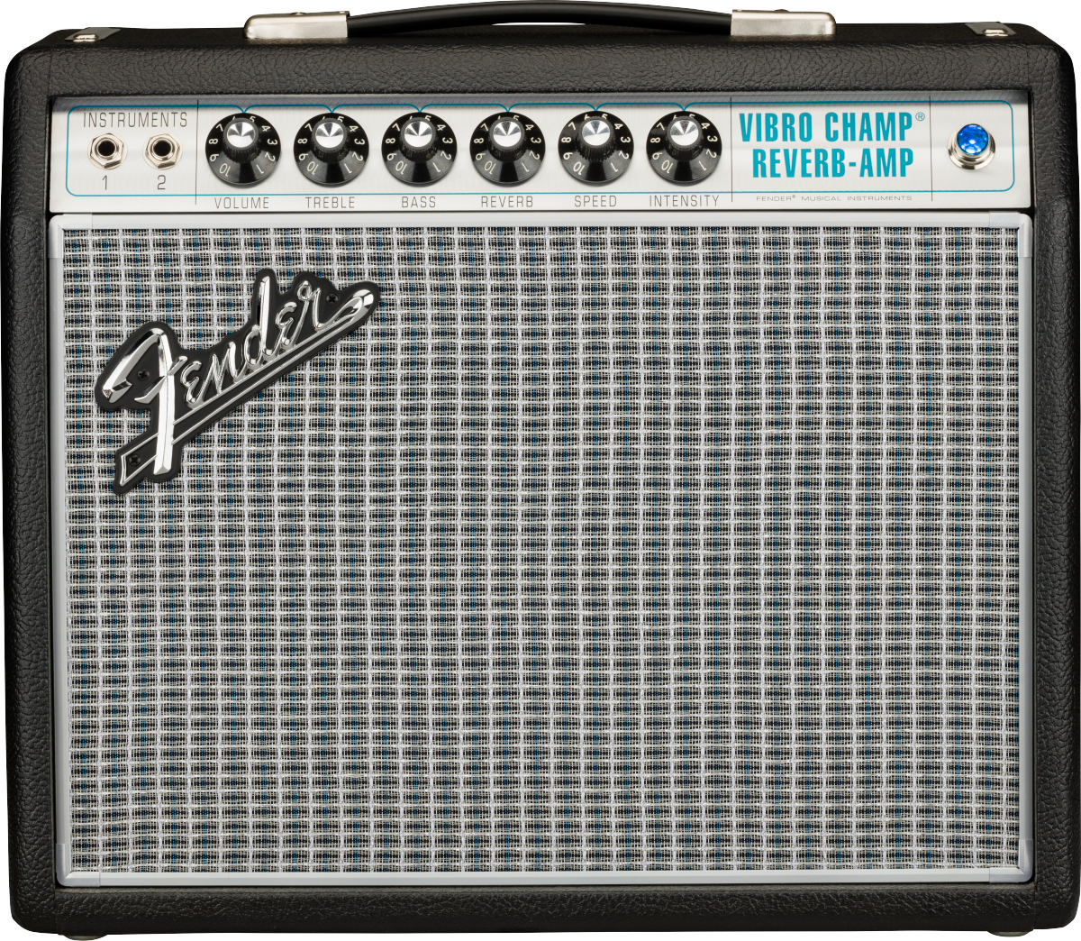 Fender Vibro Champ Reverb amplifier with seven control knobs, two input jacks, silver grille cloth, and black textured casing.