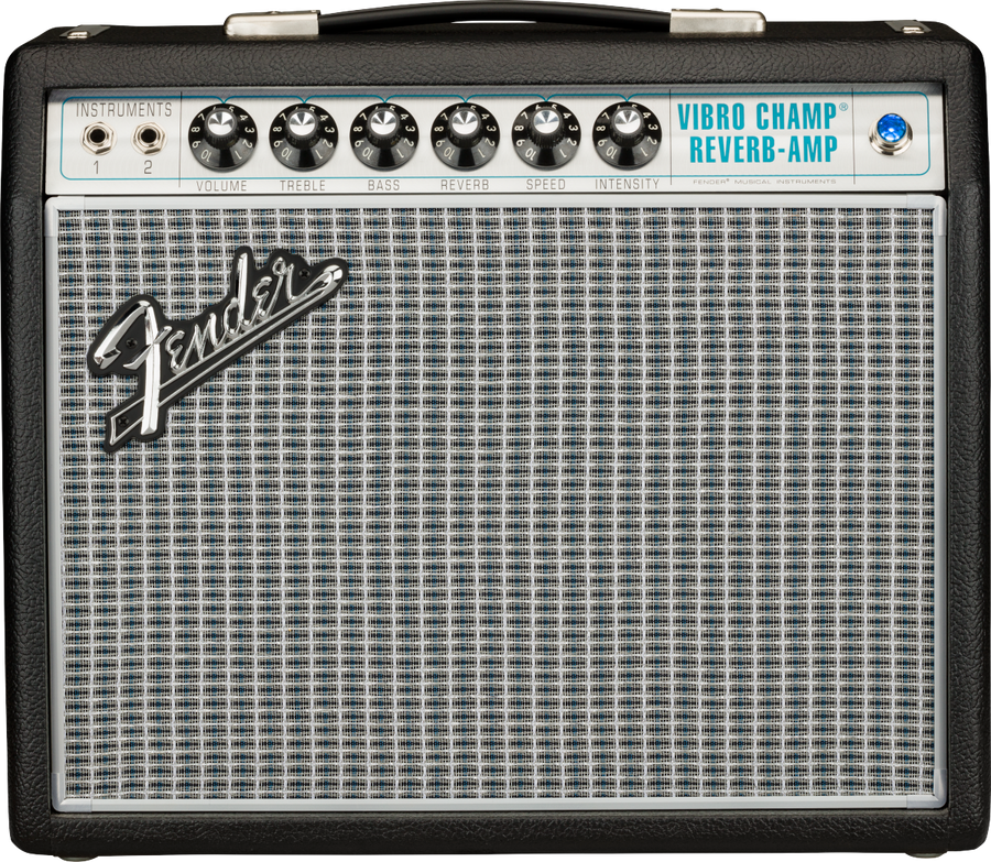 Fender Vibro Champ Reverb amplifier with seven control knobs, two input jacks, silver grille cloth, and black textured casing.