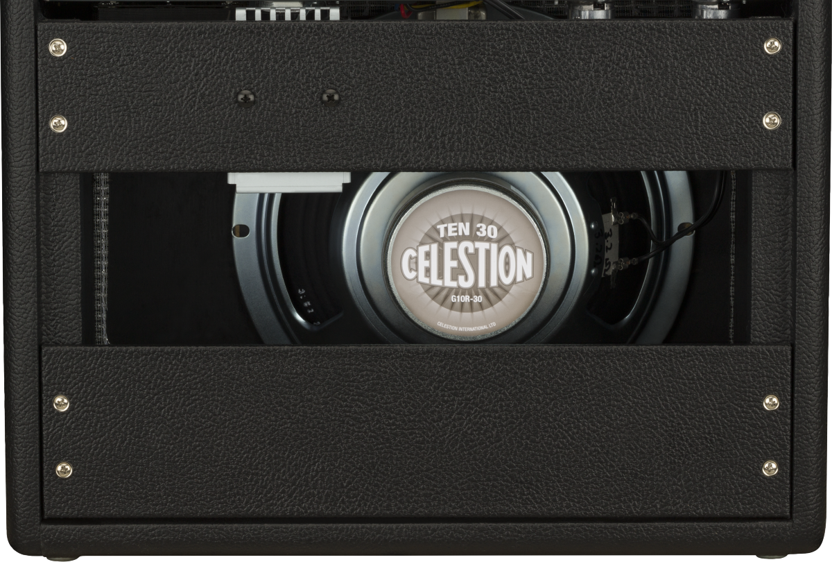 Black amplifier with an open back revealing a round silver Celestion Ten 30 G10R-30 speaker and visible wiring inside the cabinet.