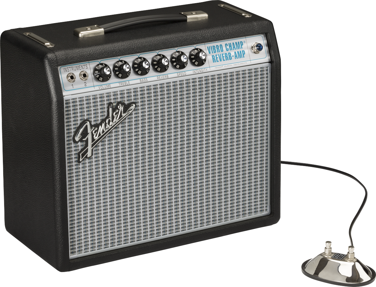 Black Fender Vibro Champ Reverb amplifier with silver grille, top control knobs, handle, and a metal footswitch connected by a cable.