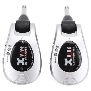 Two silver wireless transmitters labeled U2 Receiver and U2 Transmitter with black and red accents and attached 1/4-inch audio plugs.