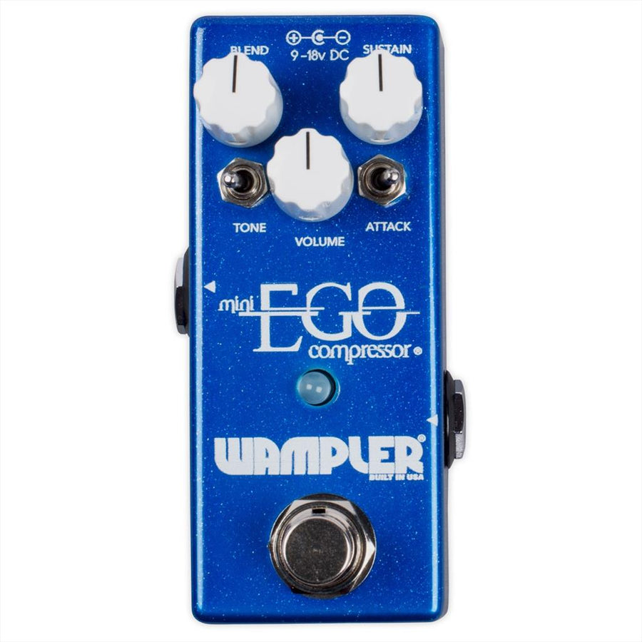 Blue Wampler Mini Ego Compressor effects pedal with five knobs labeled Blend, Sustain, Tone, Volume, Attack, a footswitch, and a single LED.